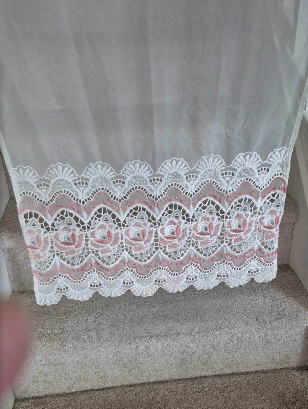 White Sheer Panel with Dark Rose Lace Floral Border 30x35